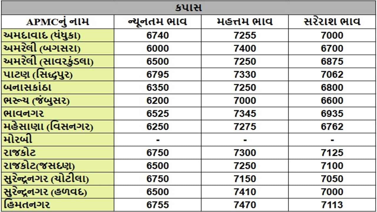 કપાસના તા.17-12-2024ના રોજ APMCના ભાવ રૂ.6000 થી 7470 રહ્યા.