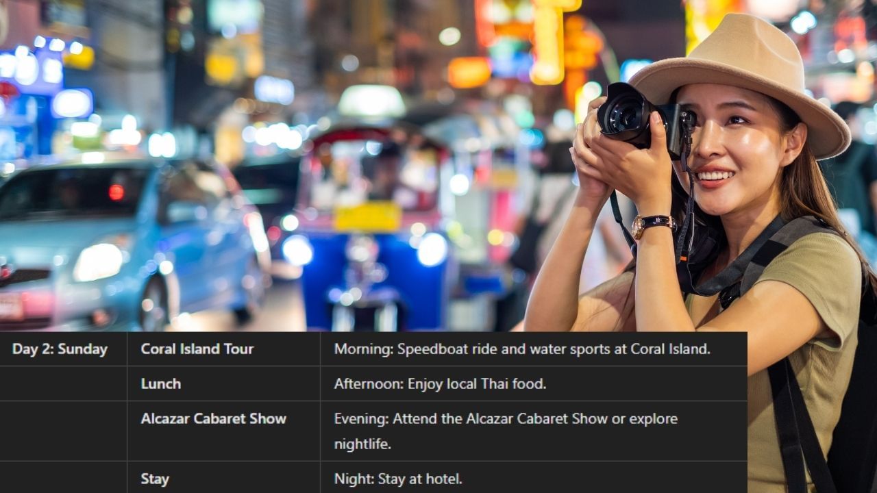 બીજા દિવસે એટલે કે, રવિવાર પટાયામાં સવારે કોરલ આઇલેન્ડ ટુર પર જઈ શકશો જેમાં સ્પીડ બોટ દરિયાઈ એક્ટિવિટીની મજા માણી શકશો. આ દિવસે બપોર સ્થાનિક થાઈ ફૂડની મજા માણવી. ત્યાર બાદ સાંજે અલ્કાઝાર કેબરે શો અથવા સ્થાનિક નાઇટલાઇફ પટાયામાં એન્જોય કરી શકો છો. રાત્રિ દરમ્યાન અહીં હોટેલમાં રોકાવું.