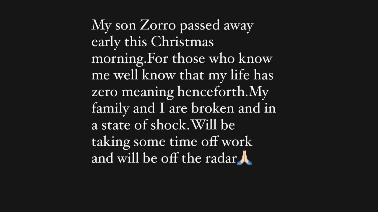 અભિનેત્રીએ સોશિયલ મીડિયા પર પોસ્ટ કરી કહ્યું મારા પાલતું કૂતરા ઝોરોનું નિધન થયું છે.અભિનેત્રીના ઘરે ક્રિસમસ પર આ દુર્ઘટના બની છે. તેમણે કહ્યું જે લોકો મને ઓળખે છે. તેને ખબર છે મારા જીવનનો હવે કોઈ મતલબ નથી. હું અને મારો પરિવાર આધાતમાં છીએ.
