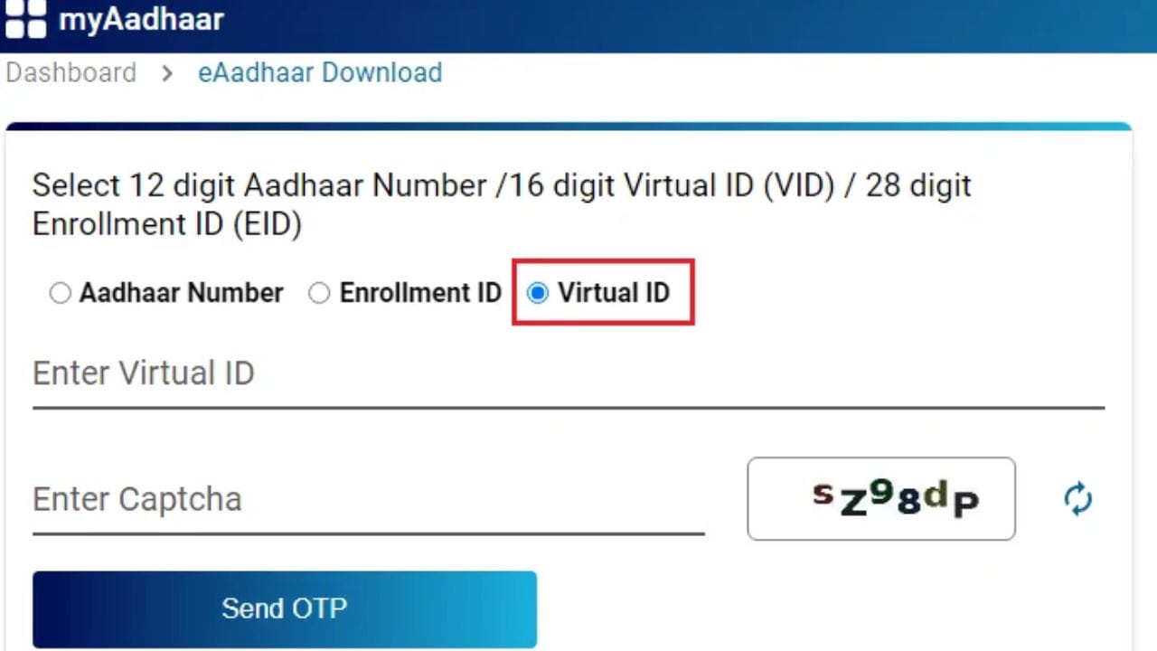 આ પછી, નવા પેજ પર તમારે 12 અંકનો આધાર નંબર અથવા વર્ચ્યુઅલ આઈડી ભરવાનું રહેશે. આ સાથે, તમારે કેપ્ચા કોડ પણ ભરવાનો રહેશે. જે બાદ તમને Send OTP વિકલ્પ પર ક્લિક કરશો તો તમારો નંબર આધાર પર રજીસ્ટર કરાવ્યો હશે તો જ તમને OTP મળશે.