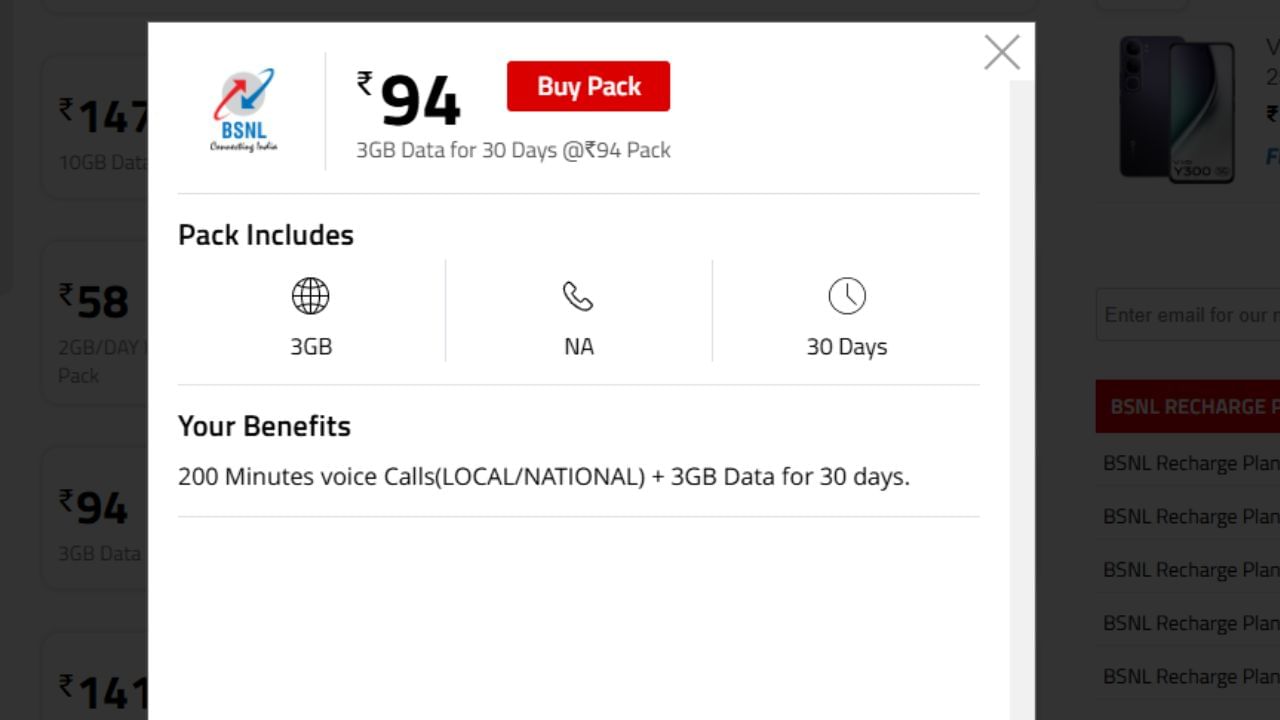 BSNL નો 94 રૂપિયાનો પ્લાન : જો તમને વધુ ઈન્ટરનેટ ડેટા જોઈતો હોય તો તમે BSNLનો 94 રૂપિયાનો પ્લાન લઈ શકો છો. આ રિચાર્જ પ્લાનની સૌથી ખાસ વાત તેની વેલિડિટી છે. આ પ્લાનમાં કંપની તમને 30 દિવસની સંપૂર્ણ માન્યતા આપે છે. આ રિચાર્જ પ્લાનમાં તમને દરરોજ 3GB ડેટા મળે છે. મતલબ કે તમે 30 દિવસમાં કુલ 90GB ડેટાનો ઉપયોગ કરી શકો છો. આ BSNL રિચાર્જ પ્લાનમાં ગ્રાહકોને લોકલ અને નેશનલ કોલિંગ માટે 200 મિનિટ આપવામાં આવે છે.