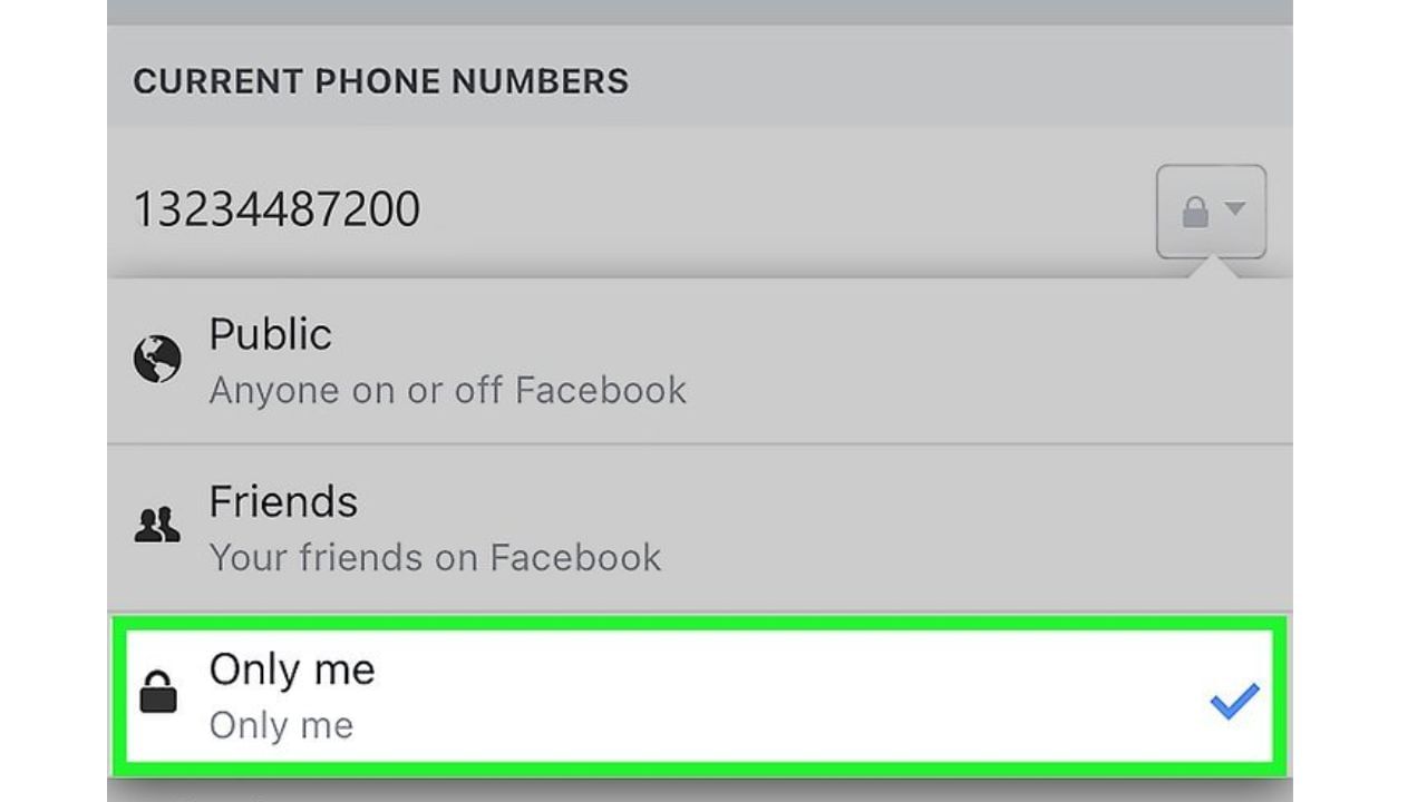 હવે  Editમાં જતા તમને 3 ઓપ્શન મળશે જેમાં Public, Friends અને Only meના ઓપ્શન દેખાશે. ત્યારે તમારા મોબાઈલ નંબરને છુપાવા તમારે Only meનું ઓપ્શન સિલેક્ટ કરવાનું રહેશે. આમ તમારા ફેસબુકમાં દેખાતો મોબાઈલ નંબરને હવે તમારા સિવાય કોઈ નહીં જોઈ શકે. 