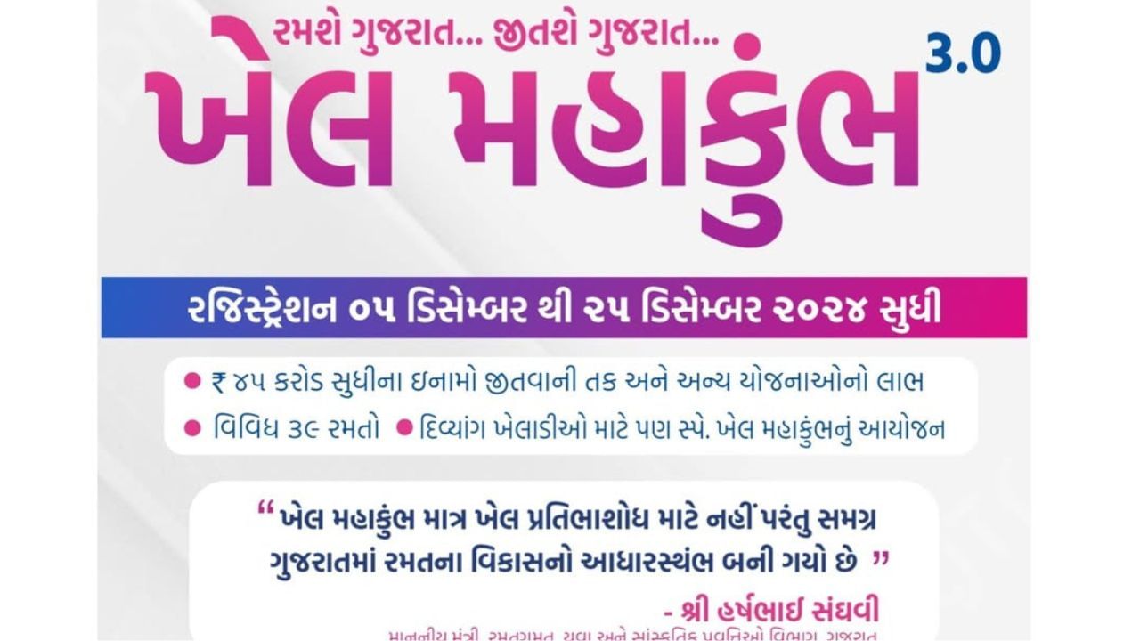 રાજ્ય સરકાર દ્રારા આયોજિત આ ખેલ મહાકુંભમાં ૨.૮૫ લાખ સ્પર્ધકોએ પોતાનું રજીસ્ટ્રેશન કરાવ્યું છે. આ ઉપરાંત દિવ્યાંગ રમતવીરો માટે પણ વિશેષ વ્યવસ્થાઓ કરવામાં આવી છે. ખેલ મહાકુંભ કાર્યક્રમને લઇને તંત્ર દ્રારા તડામાર તૈયારીઓ શરૂ કરવામાં આવી છે.