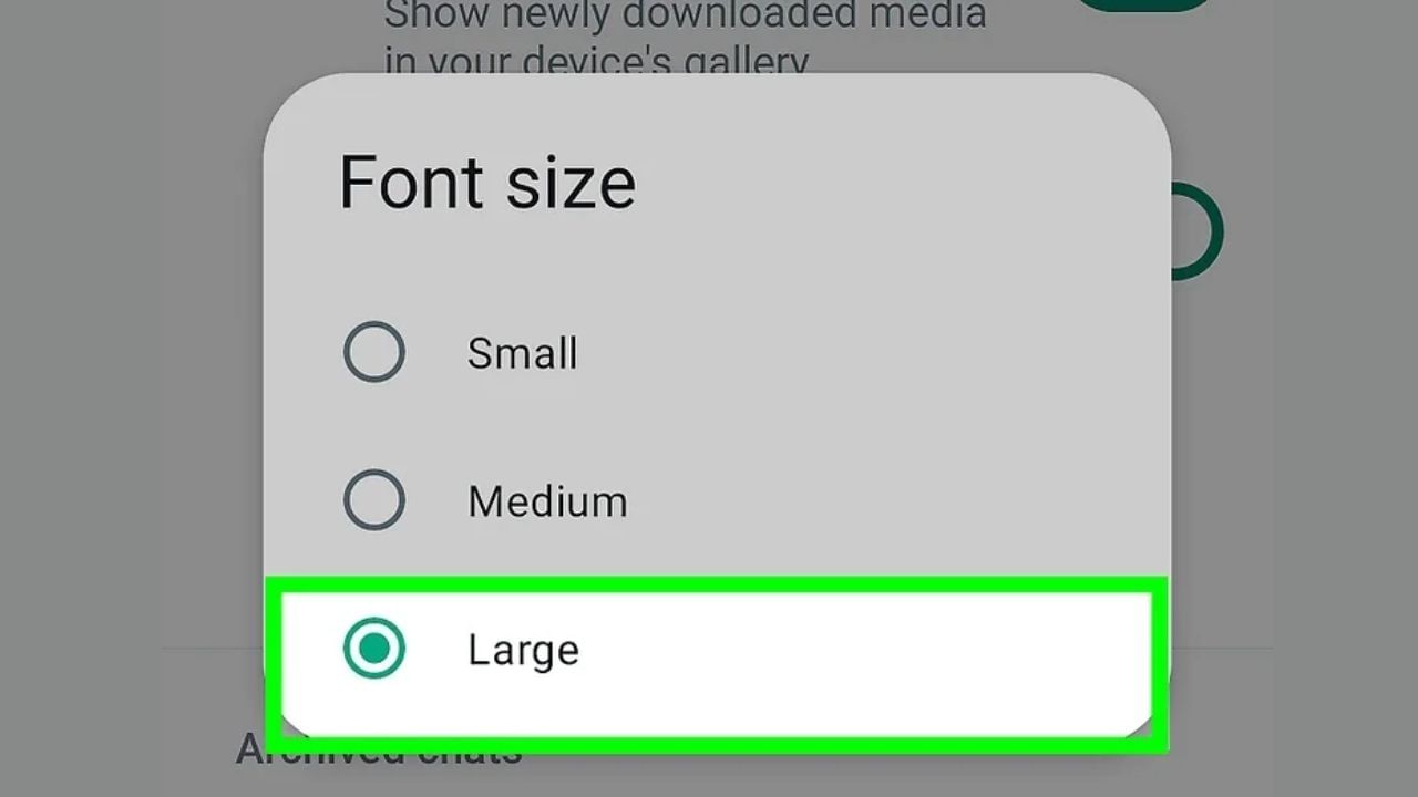 તમે જે વિકલ્પ પસંદ કરવા માંગો છો તેને પસંદ કરો જેમકે તમારા વોટ્સએપમાં ફોન્ટ સાઈઝ Small છે તો medium કરો અને large છે તો પણ તમે small કે  medium  કરી શકો છો.