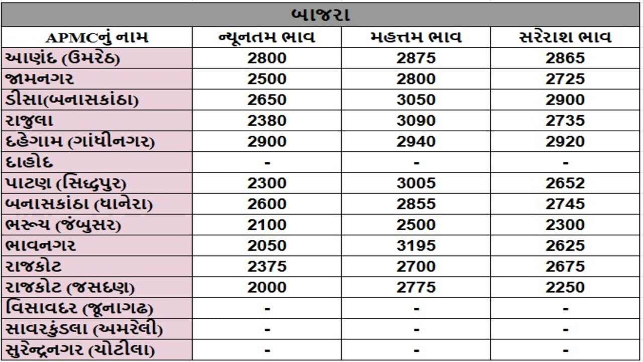 બાજરાના તા.22-01-2025ના રોજ APMCના ભાવ રૂ.2000 થી 3195 રહ્યા.