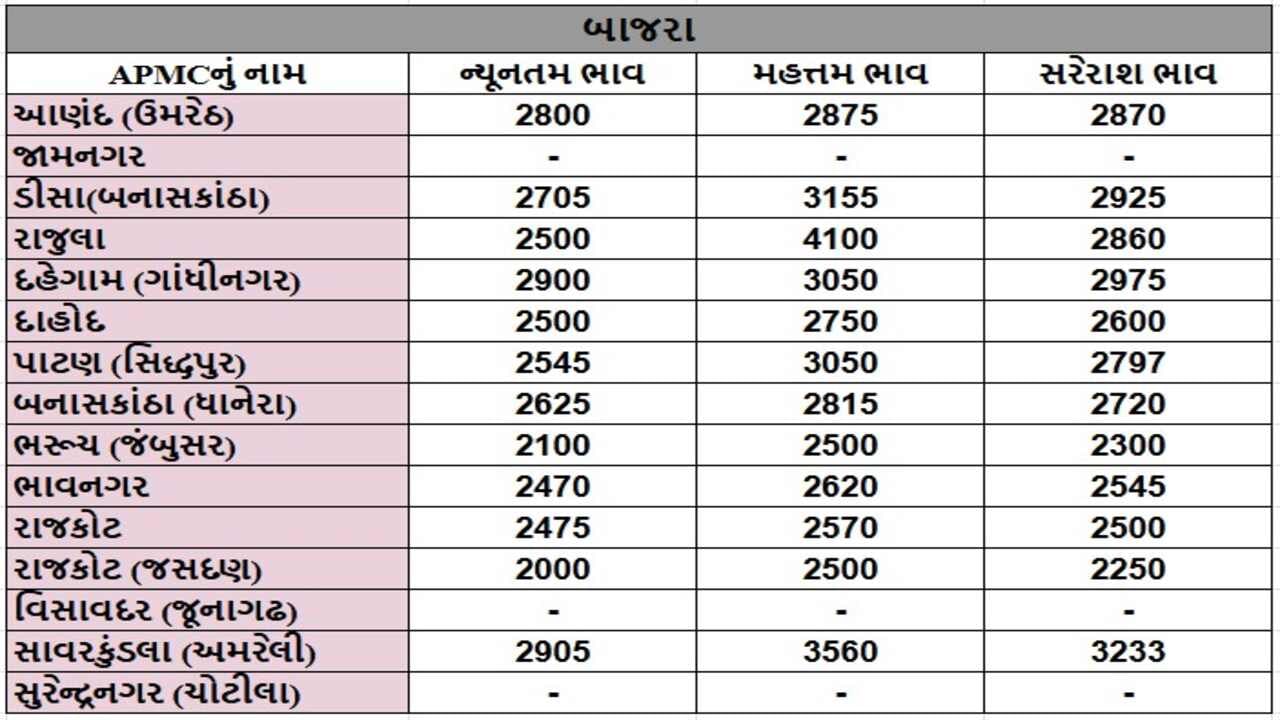 બાજરાના તા.16-01-2025ના રોજ APMCના ભાવ રૂ.2000 થી 3560 રહ્યા.