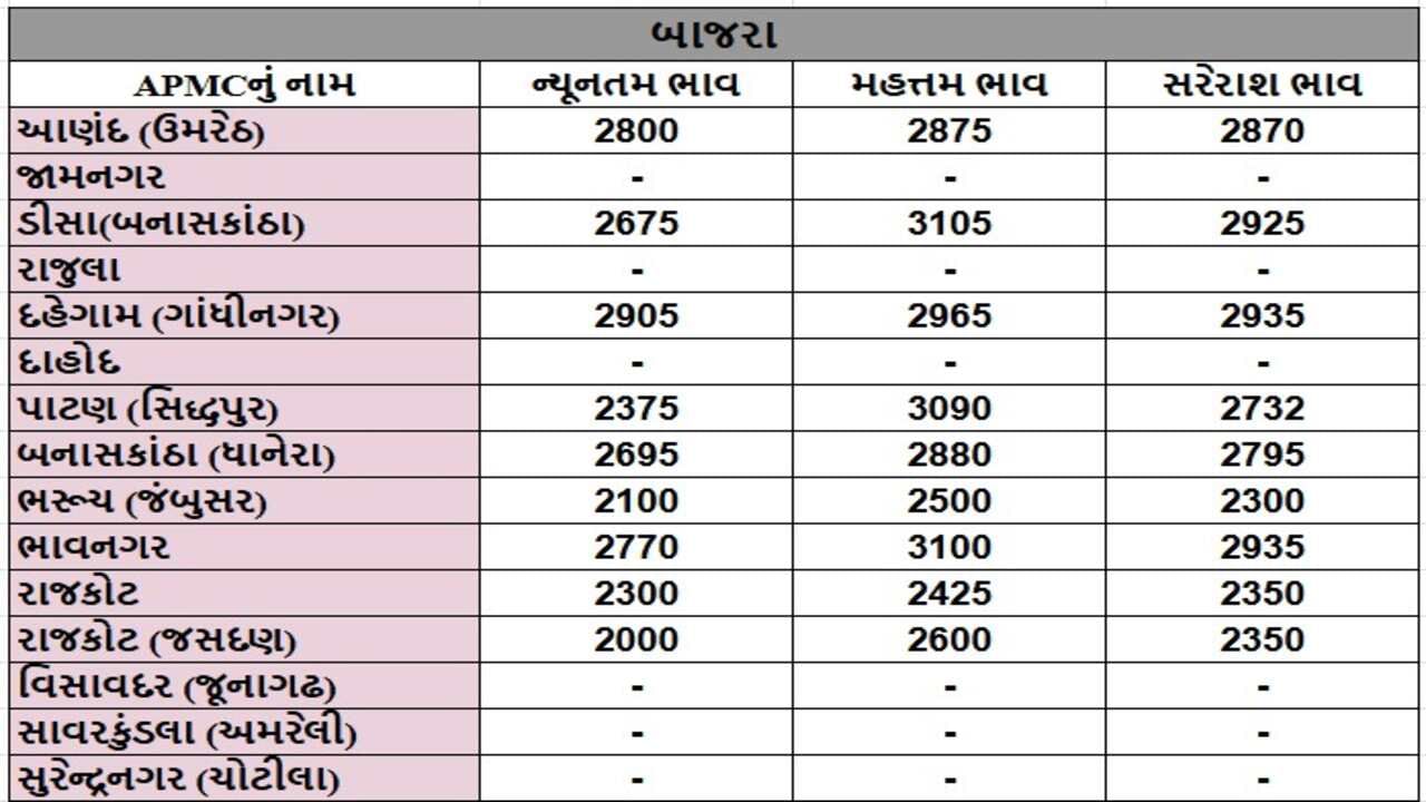 બાજરાના તા.17-01-2025ના રોજ APMCના ભાવ રૂ.2000 થી 3105 રહ્યા.