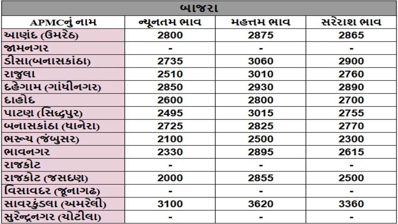 બાજરાના તા.20-01-2025ના રોજ APMCના ભાવ રૂ.2000 થી 3620 રહ્યા.