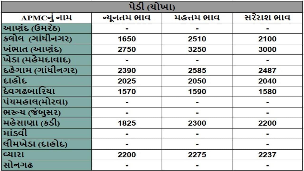 પેડી (ચોખા)ના તા.07-01-2025ના રોજ APMCના ભાવ રૂ.1570 થી 3250 રહ્યા.