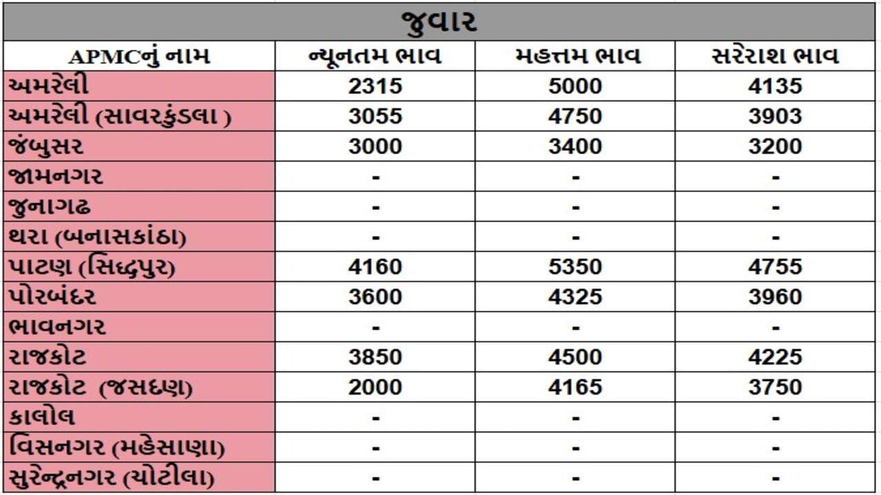 જુવારના તા.06-01-2025ના રોજ APMCના ભાવ રૂ.2000 થી 5350 રહ્યા.