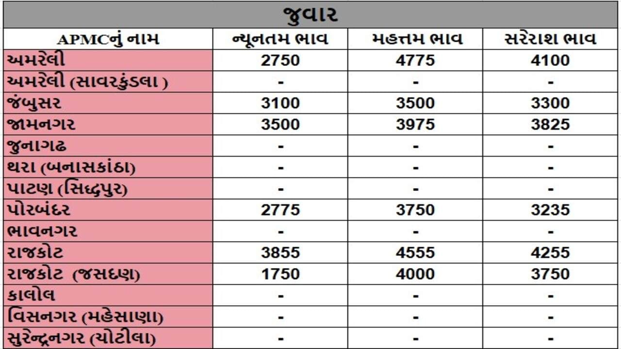 જુવારના તા.21-01-2025ના રોજ APMCના ભાવ રૂ.1750 થી 4775 રહ્યા.
