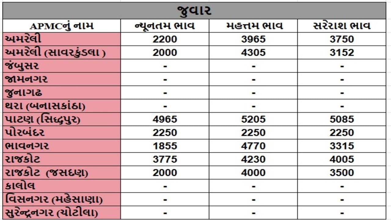 જુવારના તા.02-01-2025ના રોજ APMCના ભાવ રૂ.1855 થી 5205 રહ્યા