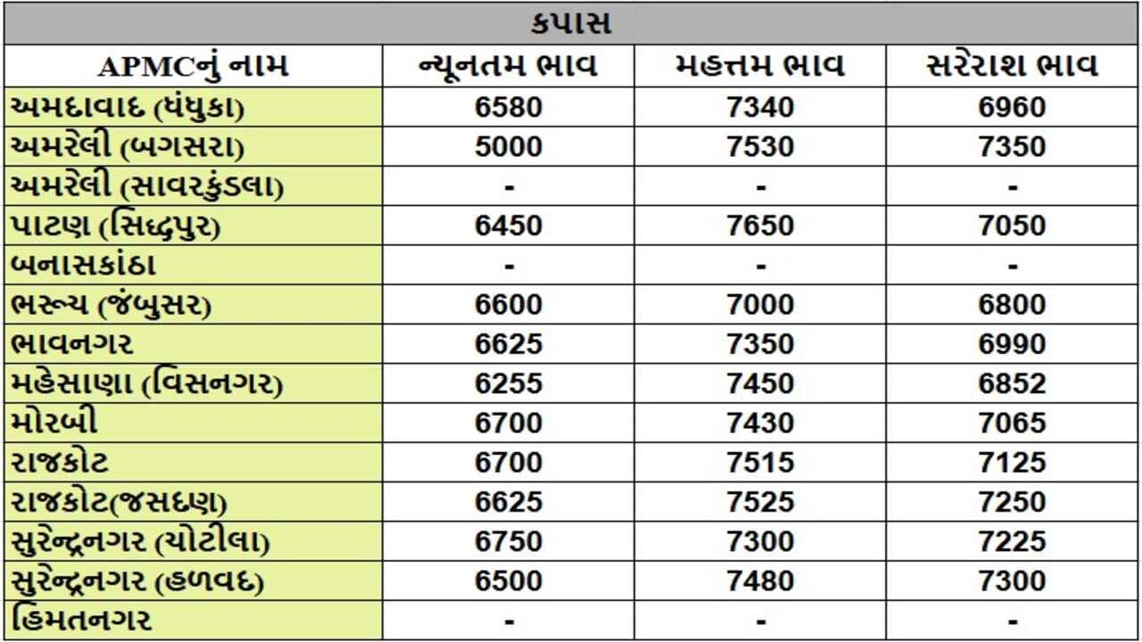 કપાસના તા.17-01-2025ના રોજ APMCના ભાવ રૂ.5000 થી 7650 રહ્યા.