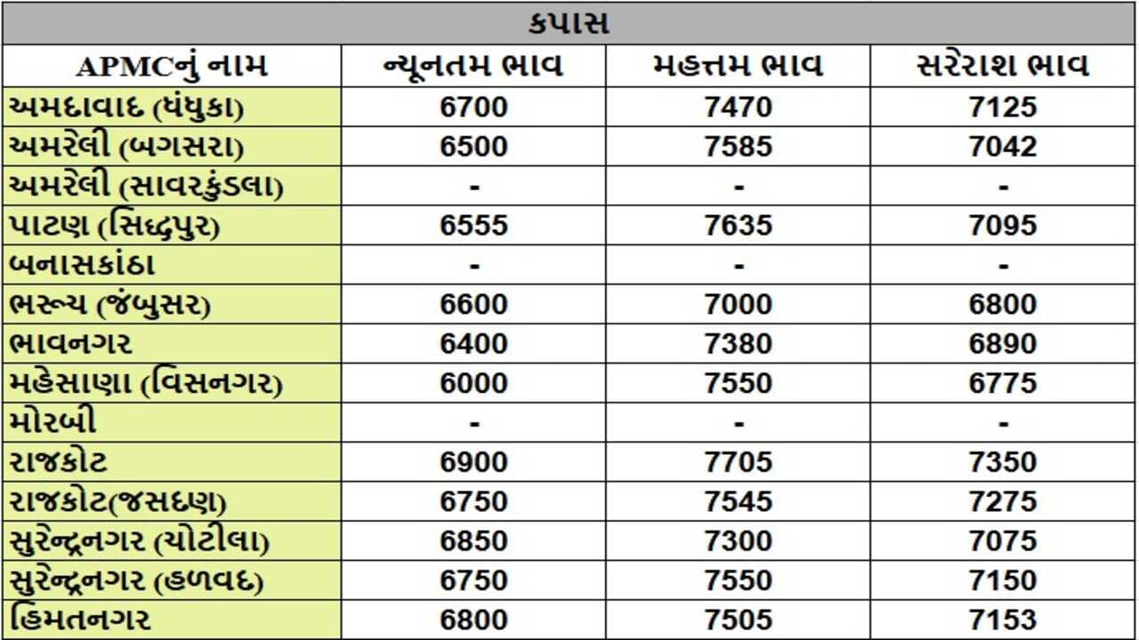 કપાસના તા.07-01-2025ના રોજ APMCના ભાવ રૂ.6000 થી 7705 રહ્યા.