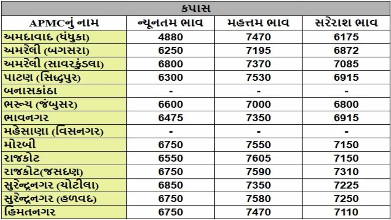 કપાસના તા.23-01-2025ના રોજ APMCના ભાવ રૂ.4880 થી 7605 રહ્યા.