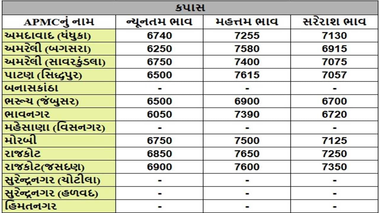 કપાસના તા.15-01-2025ના રોજ APMCના ભાવ રૂ.6050 થી 7650 રહ્યા.