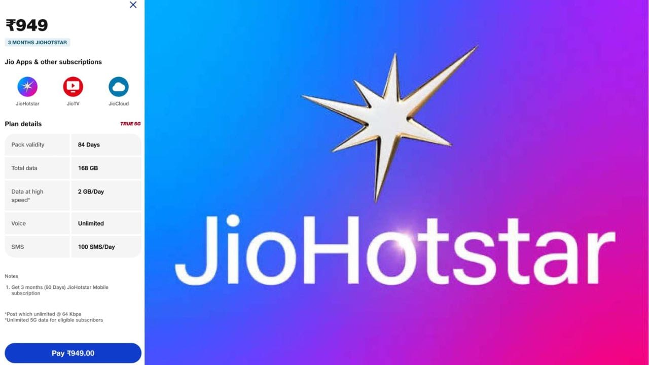 જિયોના 949 રૂપિયાના પ્રીપેડ પ્લાનમાં ડેટા, વોઈસ કોલિંગની સાથે 90 દિવસ માટે મફત જિયો હોટસ્ટાર મોબાઈલ સબ્સ્ક્રિપ્શન પ્લાનની સુવિધા આપવામાં આવી છે. આ પ્લાન 84 દિવસની વેલિડિટી સાથે આવે છે. યુઝર્સને કોલિંગ વિશે ચિંતા કરવાની જરૂર નથી, કારણ કે તેમાં અનલિમિટેડ પ્લાન આપવામાં આવ્યો છે. 