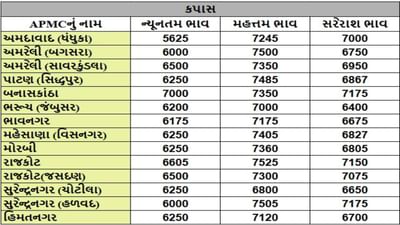 કપાસના તા.07-02-2025ના રોજ APMCના ભાવ રૂ.5625 થી 7525 રહ્યા.