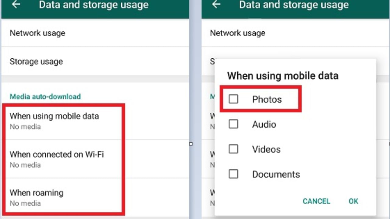 ઓટો ડાઉનલોડ વિકલ્પમાં, મોબાઇલ ડેટા વિકલ્પ પર ક્લિક કરો અને પસંદ કરેલા બધા વિકલ્પો જેમ કે ફોટો, ઑડિયો, વિડિયો અને દસ્તાવેજને અન-ટિક કરો અને પછી OK બટન દબાવો. આમ કરવાથી, આગલી વખતે જ્યારે તમારો ફોન મોબાઈલ ડેટા પર હશે, ત્યારે આમાંથી કોઈ પણ વસ્તુ આપમેળે ડાઉનલોડ થશે નહીં.