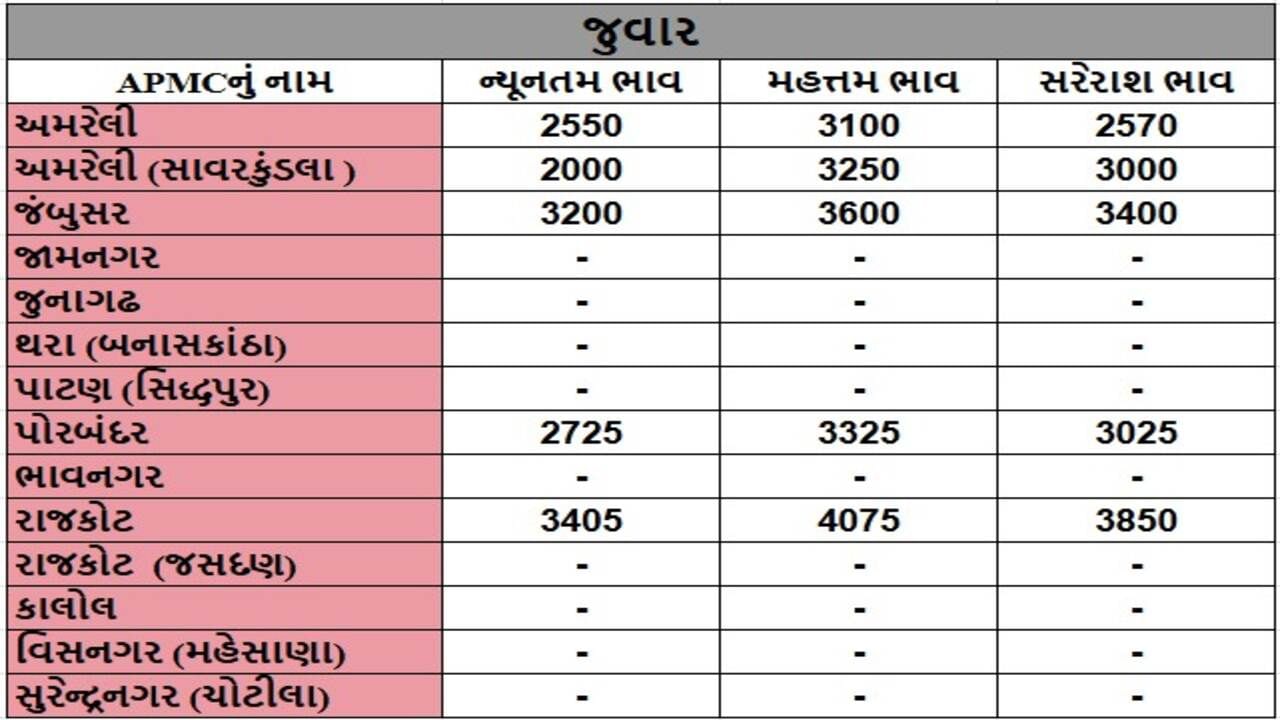 જુવારના તા.19-04-2025ના રોજ APMCના ભાવ રૂ.2000 થી 4075 રહ્યા.