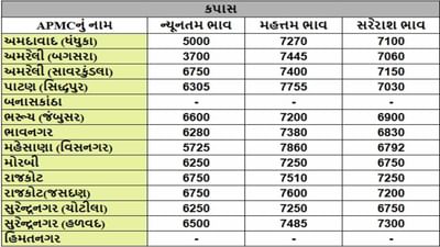 કપાસના તા.09-04-2025ના રોજ APMCના ભાવ રૂ.3700 થી 7860 રહ્યા.
