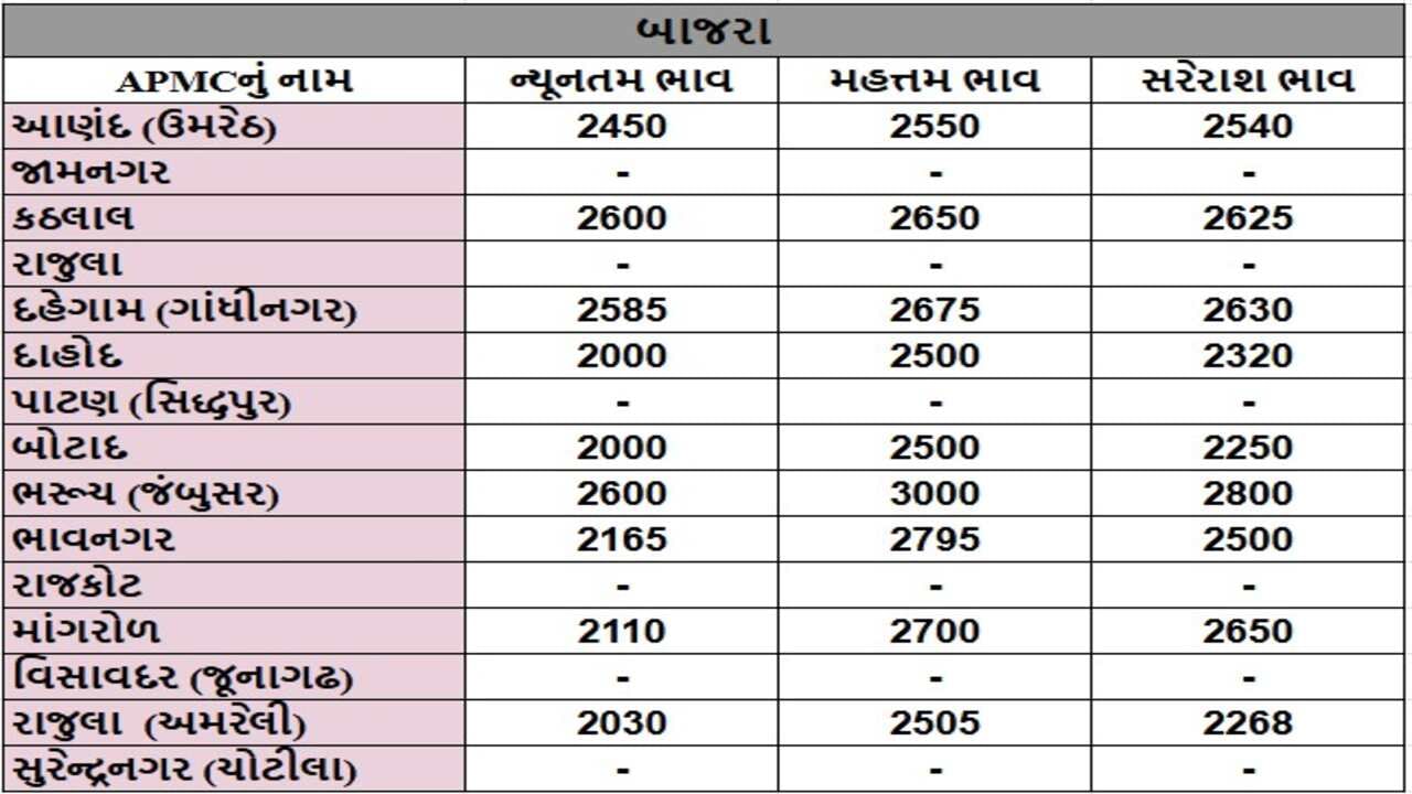 બાજરાના તા.30-04-2025ના રોજ APMCના ભાવ રૂ.2000 થી 3000 રહ્યા.