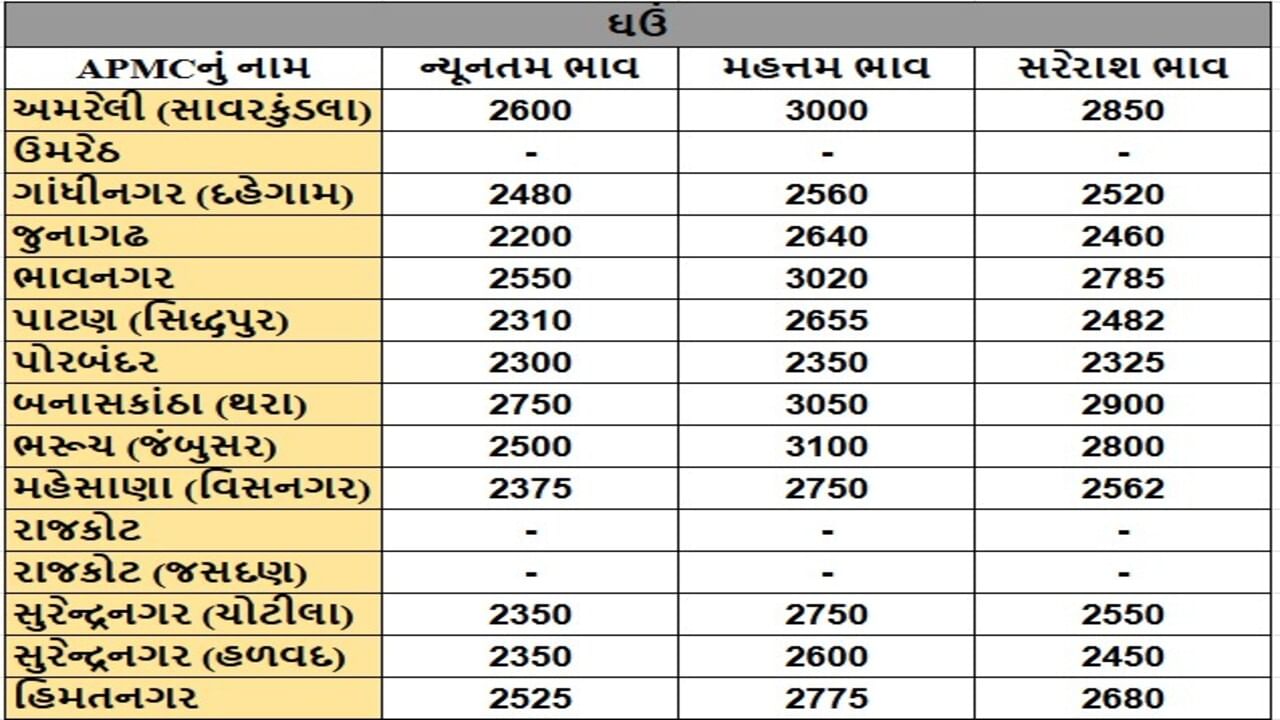 ઘઉંના તા.09-05-2025ના રોજ APMCના ભાવ રૂ.2200 થી 3100 રહ્યા.