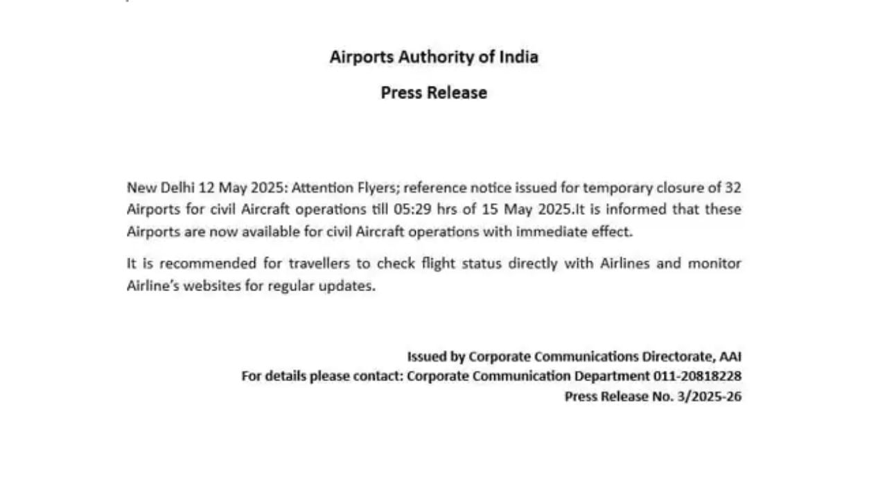 એરપોર્ટ ઓથોરિટીની મંજૂરી બાદ આ એરપોર્ટ્સ પર પેસેન્જર ફ્લાઇટ્સ 14 મેના બદલે 12 મેથી જ પુનઃ શરૂ થઈ રહી છે. ઇન્ડિગો અને એર ઇન્ડિયા જેવી એરલાઇન કંપનીઓ દ્વારા ટિકિટ બુકિંગ શરૂ થતા જ નિયમિત ફ્લાઈટો શરૂ થશે.