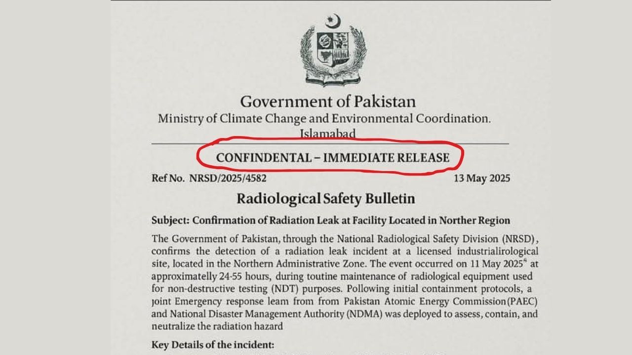 દસ્તાવેજ પર “CONFIDENTIAL – IMMEDIATE RELEASE” લખાયેલું છે અને તેમાં Radiation સ્તર, નિયંત્રણના પ્રયાસો અને પર્યાવરણીય મુલ્યાંકન વિશે વિગતવાર જણાવાયું છે. જોકે, તેના સમાવિષ્ટ કરતા વધારે ધ્યાન ખેંચે છે એ છે તેની સમયરેખા – Radiation લીક 11 મેના રોજ થયું હોવાનું જણાવવામાં આવ્યું છે, જે ભારત-પાકિસ્તાન વચ્ચે યુદ્ધવિરામ થયા પછીનો દિવસ છે.