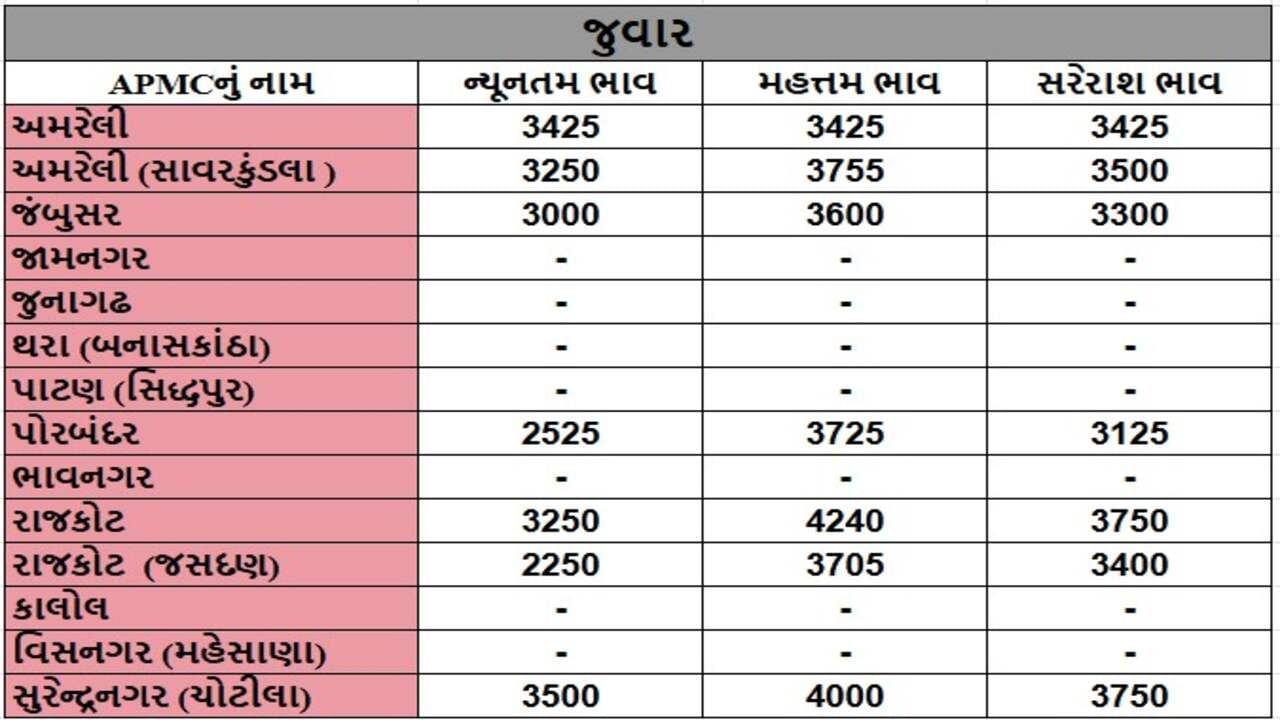 જુવારના તા.01-05-2025ના રોજ APMCના ભાવ રૂ.2250 થી 4240 રહ્યા.