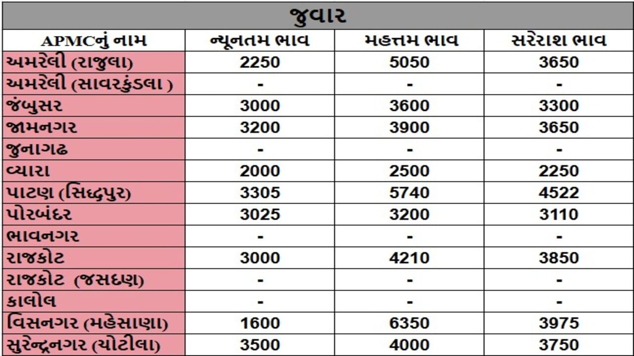 જુવારના તા.28-05-2025ના રોજ APMCના ભાવ રૂ.1600 થી 6350 રહ્યા.