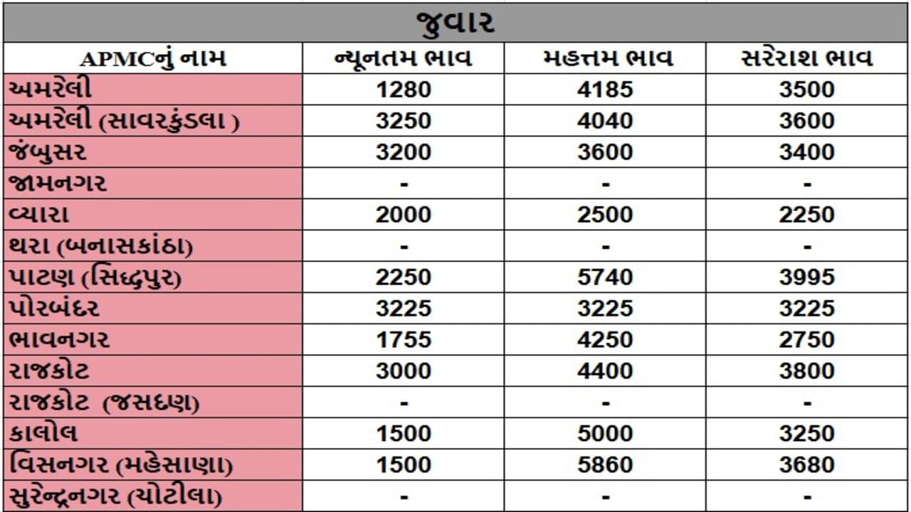 જુવારના તા.29-05-2025ના રોજ APMCના ભાવ રૂ.1280 થી 5860 રહ્યા.