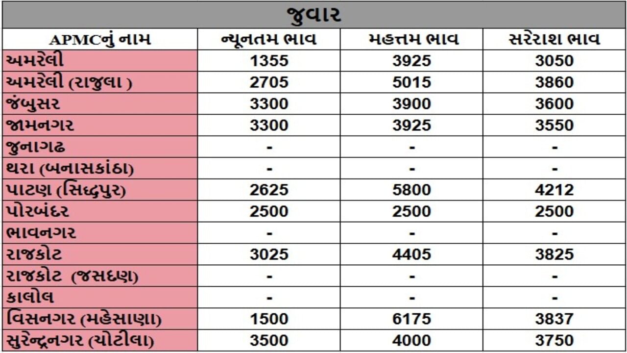 જુવારના તા.30-05-2025ના રોજ APMCના ભાવ રૂ.1355 થી 6175 રહ્યા.