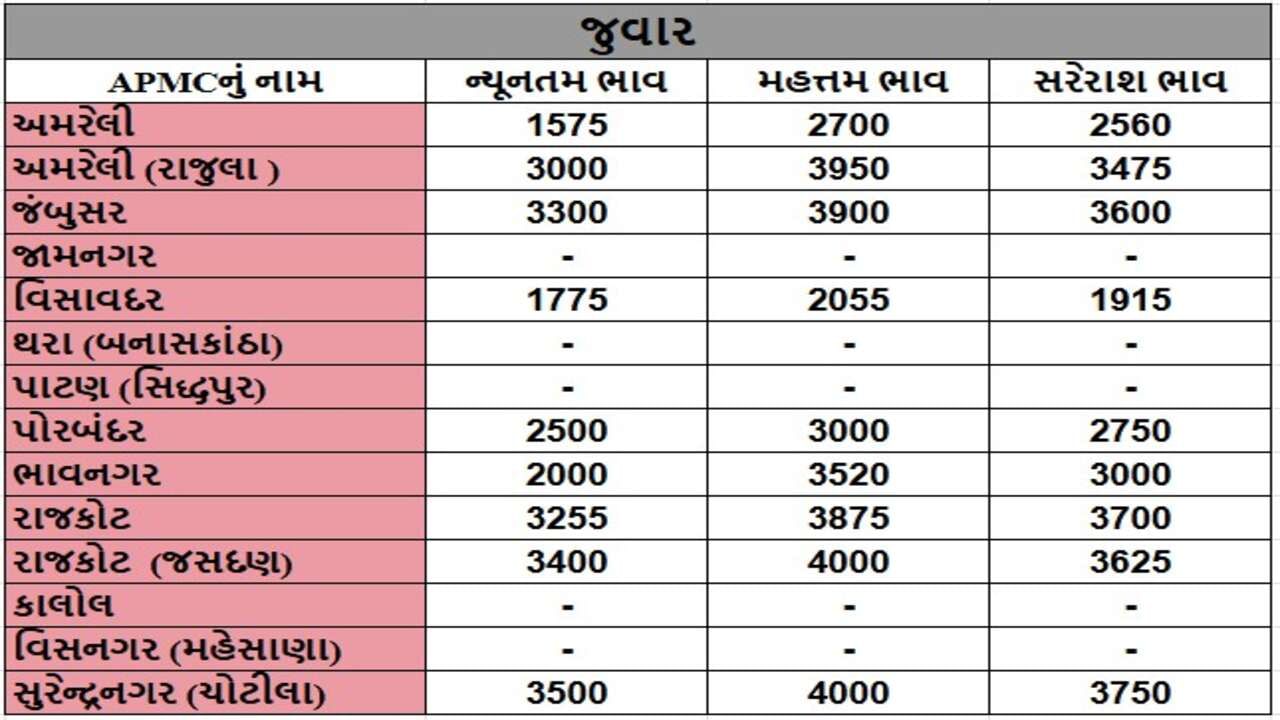 જુવારના તા.02-05-2025ના રોજ APMCના ભાવ રૂ.1575 થી 4000 રહ્યા.