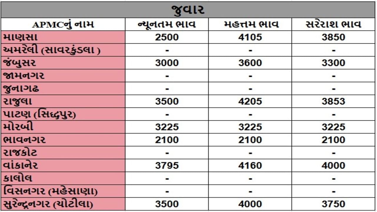જુવારના તા.08-05-2025ના રોજ APMCના ભાવ રૂ.2500 થી 4160 રહ્યા.