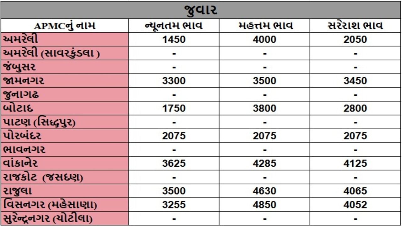 જુવારના તા.10-05-2025ના રોજ APMCના ભાવ રૂ.1450 થી 4850 રહ્યા.