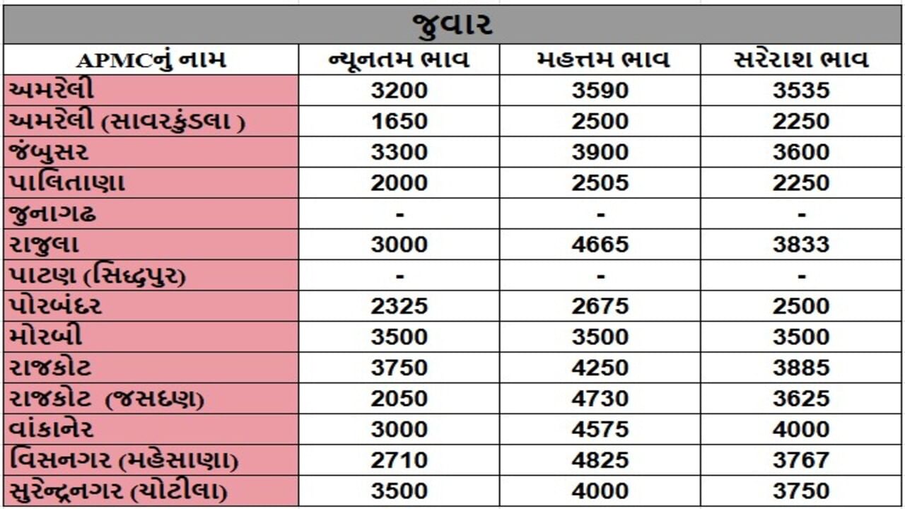 જુવારના તા.15-05-2025ના રોજ APMCના ભાવ રૂ.1650 થી 4825 રહ્યા.