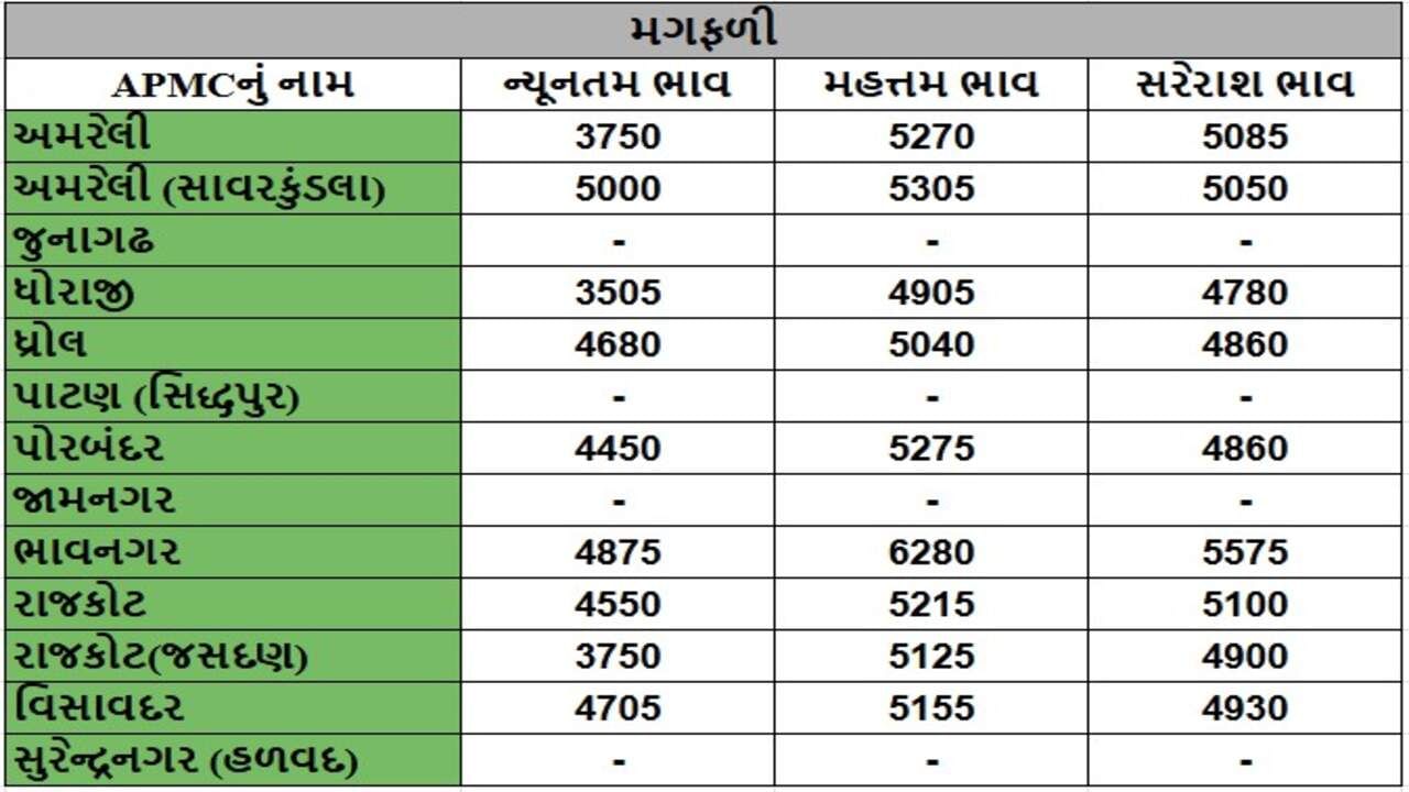 મગફળીના તા.01-05-2025ના રોજ APMCના ભાવ રૂ.3505 થી 6280 રહ્યા.
