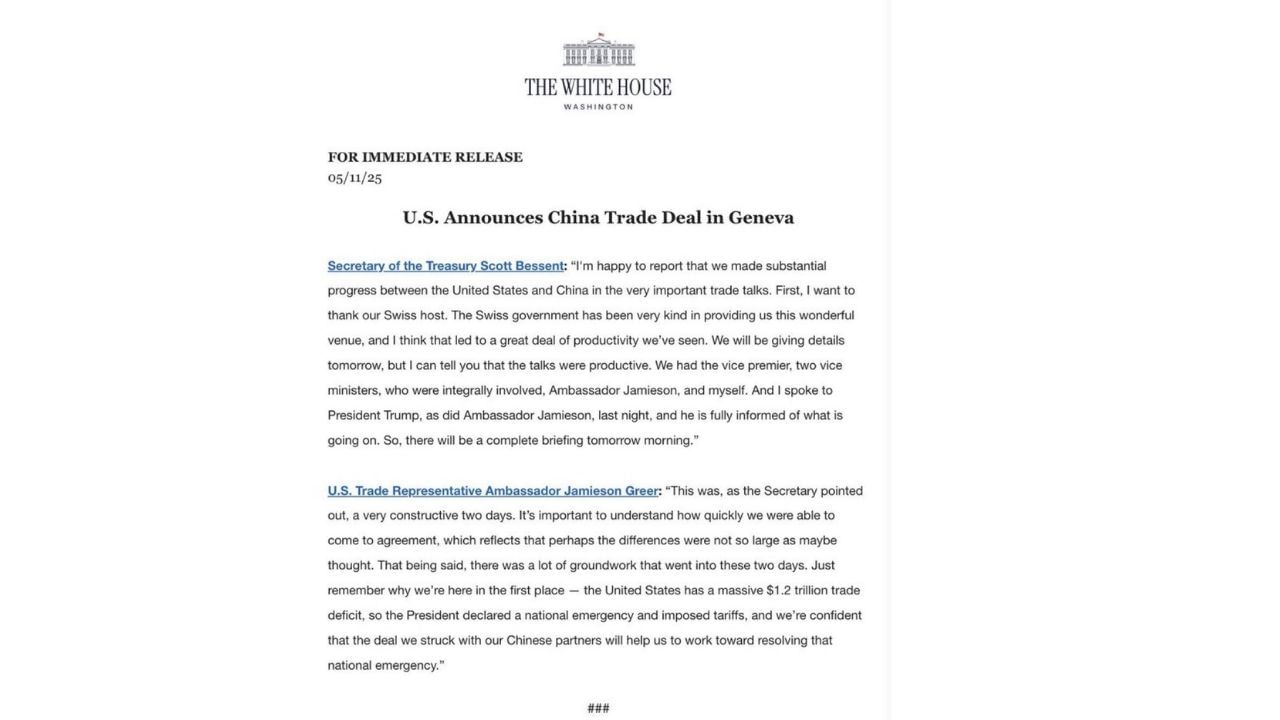 આ વાટાઘાટો અમેરિકા-ચીન વેપાર સંબંધો સુધારવા તરફ એક મહત્વપૂર્ણ પગલું હતું, કારણ કે રાષ્ટ્રપતિ ટ્રમ્પે વાટાઘાટો પહેલા સંકેત આપ્યો હતો કે તેઓ ચીન પરના ટેરિફ દરને વર્તમાન 145  ટકાથી ઘટાડીને 80 ટકા કરવા તૈયાર છે.