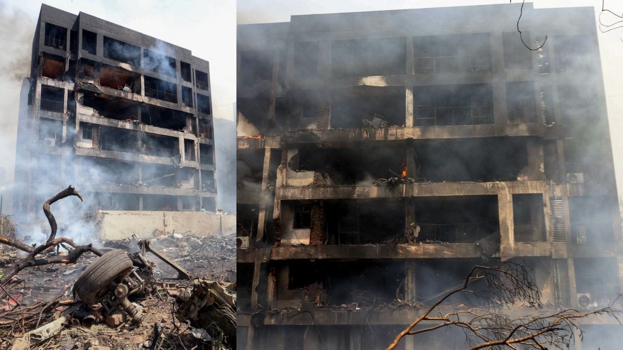 BJ મેડિકલ કોલેજના હોસ્ટેલ પર પડેલા એર ઇન્ડિયાના વિમાનની તસવીરો પણ સામે આવી છે. તસવીરોમાં જોઈ શકાય છે કે વિમાનનો પાછળનો ભાગ હોસ્ટેલ બિલ્ડિંગથી લટકી રહ્યો છે. તે જ સમયે, આગળનો ભાગ સંપૂર્ણપણે બળી ગયો છે, જેના કારણે ધુમાડો નીકળતો જોવા મળી રહ્યો છે.