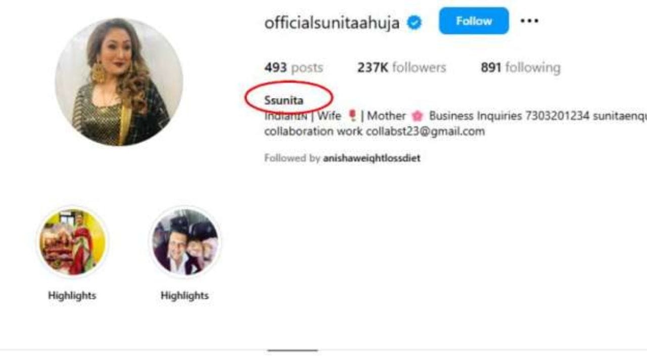  હવે  Sunitaની જગ્યાએ પોતાનું નામ  SSunita લખ્યું છે.સુનિતાએ બદલાવેલા નામથી ગોવિંદાના ચાહકો હેરાન થયા છે. સોશિયલ મીડિયા પર યુઝર સવાલો પણ કરી રહ્યા છે કે, બંન્ને 38 વર્ષ બાદ કેમ અલગ થઈ રહ્યા છે? કહી શકાય કે,આનો જવાબ હવે ખુદ સુનિતાએ આપી દીધો છે.