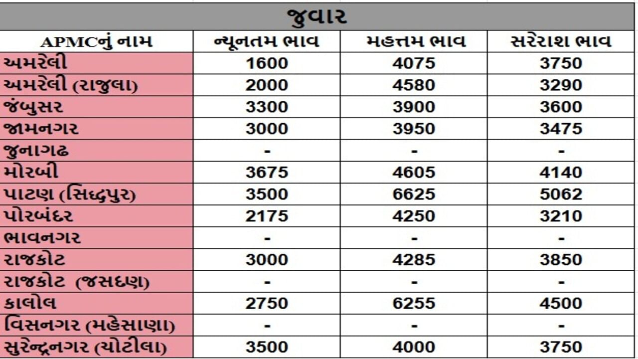 જુવારના તા.24-06-2025ના રોજ APMCના ભાવ રૂ.1600 થી 6625 રહ્યા.