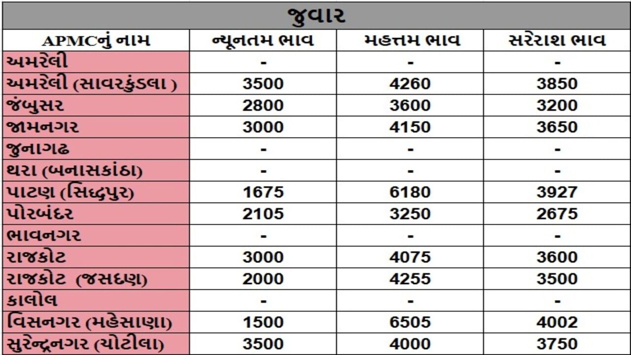 જુવારના તા.10-06-2025ના રોજ APMCના ભાવ રૂ.1500 થી 6505 રહ્યા.