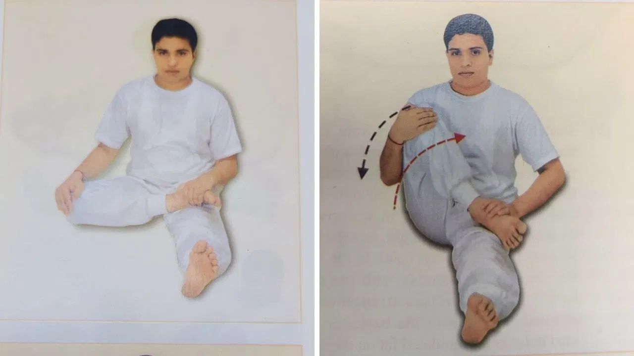 ઘૂંટણ અને હિપ્સ માટે કસરત : જો તમે તમારા ઘૂંટણ અને હિપ્સને મજબૂત બનાવવા માંગતા હો તેમજ આ વિસ્તારોમાં હાડકા અને સ્નાયુઓના દુખાવાથી છુટકારો મેળવવા માંગતા હો, તો પતંજલિના આચાર્ય દ્વારા જણાવેલ આ સરળ કસરત કરો. આમાં, તમારા જમણા પગને વાળીને ડાબા પગની જાંઘ પર રાખો. આ પછી, તમારા જમણા હાથને ટેકા માટે ઘૂંટણ પર રાખો અને તમારા ઘૂંટણને તમારા હાથથી ઉંચો કરો અને તેને છાતી પર લઈ જાઓ. બીજી બાજુ, ટેકા માટે પગને જાંઘ પર રાખો. અહીં આપેલ ફોટો જુઓ.