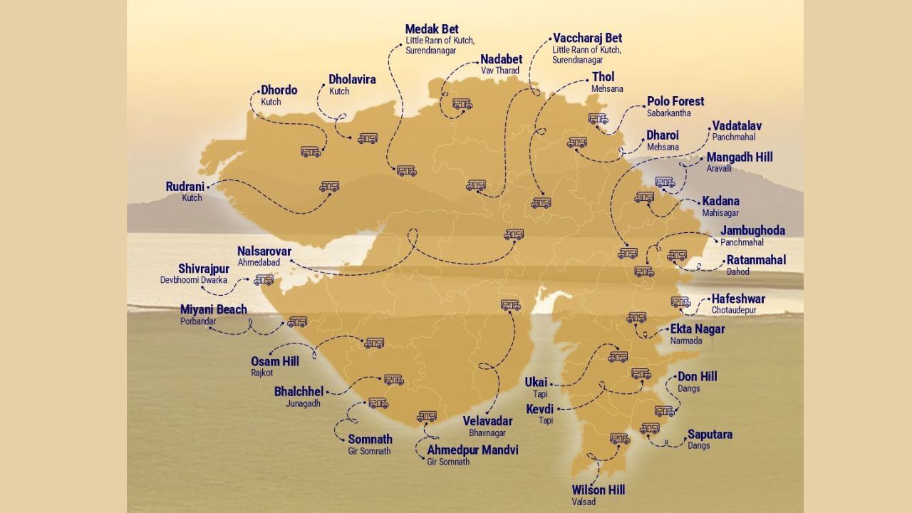 તમને જણાવી દઈએ કે, ગુજરાત ટુરિઝમે 29 સ્થળોને કારવાં ટુરિઝમ જાહેર કર્યા છે. જેમાં બીચથી લઈ જંગલો, તેમજ હિલ સ્ટેશન જેવા સ્થળો પર તમે ભરપુર આનંદ માણી શકો છો.આ પહેલનો ઉદ્દેશ્ય રાજ્યભરમાં અનુભવલક્ષી મુસાફરીને પ્રોત્સાહન આપવાનો છે. ( photo : canva/Gujarat Tourism)