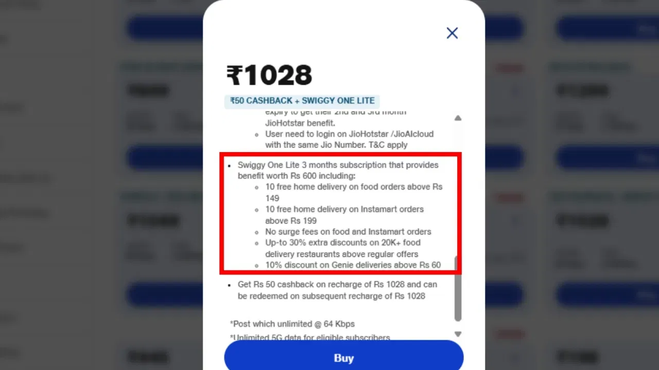 90 દિવસના આ પ્લાન સાથે, Jio Hotstar અને 50 GB ફ્રી AI ક્લાઉડ સ્ટોરેજનો લાભ આપવામાં આવશે.માન્યતા વિશે વાત કરીએ તો, 1028 રૂપિયાના આ પ્રીપેડ પ્લાનને 84 દિવસની વેલિડિટી આપવામાં આવી રહી છે.