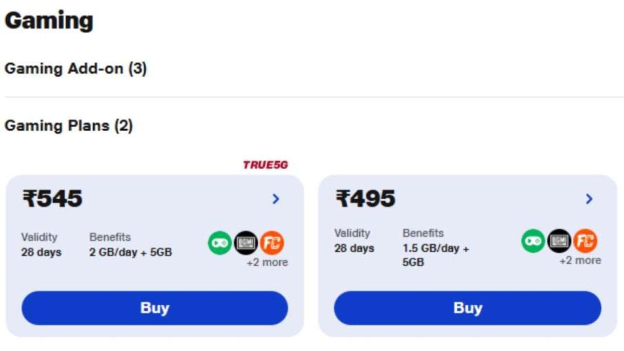 Jio એ યાદીમાં 545 રૂપિયાનો નવો રિચાર્જ પ્લાન પણ ઉમેર્યો છે. આ રિચાર્જ પ્લાનની માન્યતા પણ 28 દિવસની રહેશે. Jio આ પ્લાનમાં તેના વપરાશકર્તાઓને JioGames Cloud અને FanCode સબ્સ્ક્રિપ્શન આપી રહ્યું છે. આ ગેમિંગ સબ્સ્ક્રિપ્શનની મદદથી, ગેમર્સ 500 થી વધુ પ્રીમિયમ ગેમ્સનો આનંદ માણી શકશે.