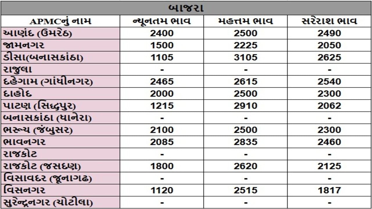બાજરાના તા.24-07-2025ના રોજ APMCના ભાવ રૂ.1105 થી 3105 રહ્યા.