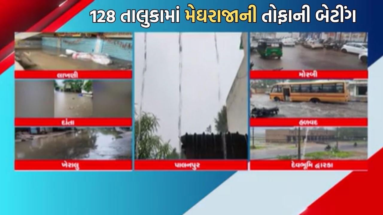 રાજ્યમાં મેઘરાજાની ધમાકેદાર ઇનિંગ, 128 તાલુકાઓમાં વરસ્યો વરસાદ સૌથી વધુ દાતામાં ખાબક્યો 4.5 ઈંચ વરસાદ- Video
