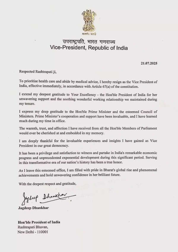 Vice President Jagdeep Dhankhar resigns due to health reasons